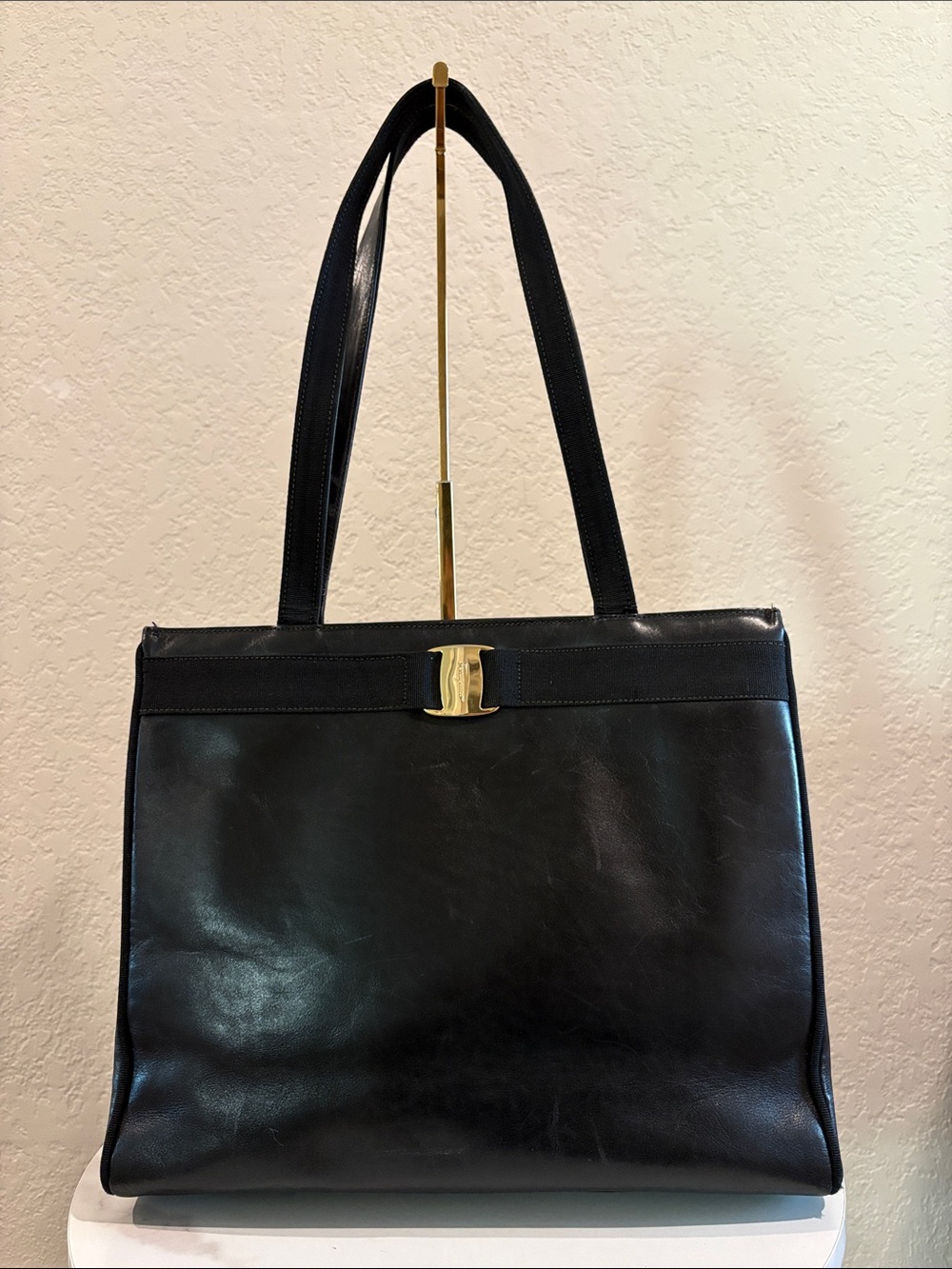 Salvatore Ferragamo Black Leather Shoulder Bag with Gold-Tone Bow Accent